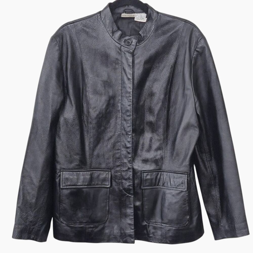 Newport News Black Leather Button Front Jacket Size L Minimalist Capsule